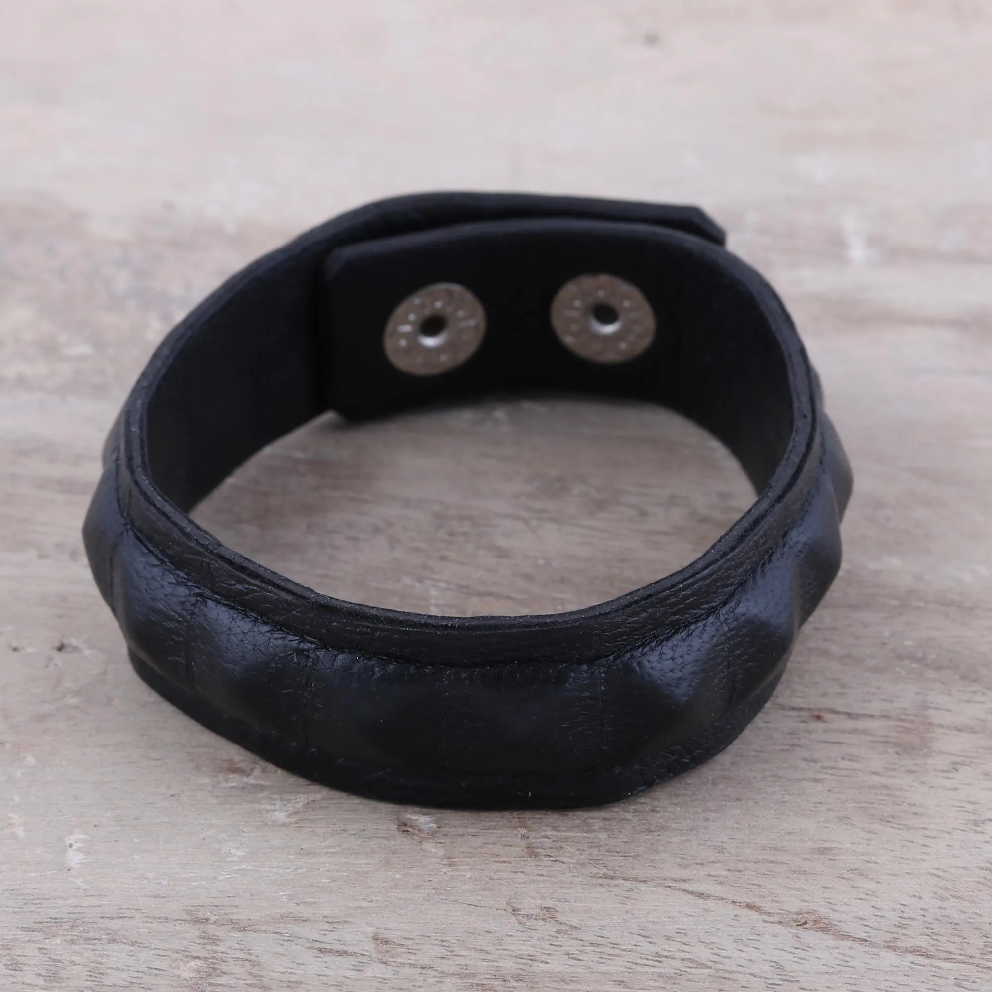 Handcrafted Men's Black Leather Edgy Wristband Bracelet - Dark Style | NOVICA