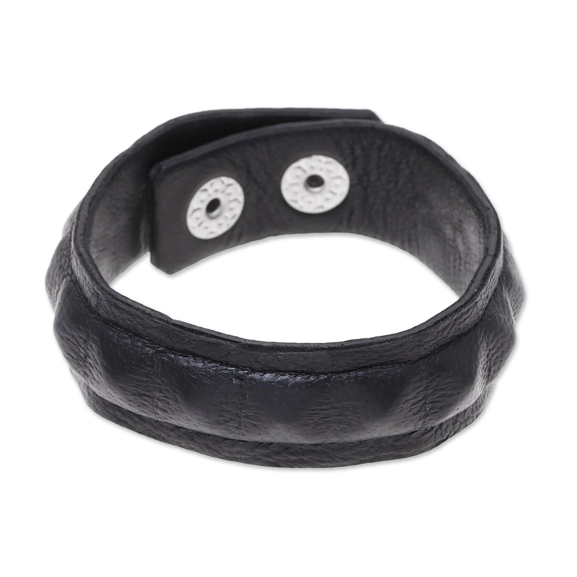 Handcrafted Men's Black Leather Edgy Wristband Bracelet - Dark Style | NOVICA