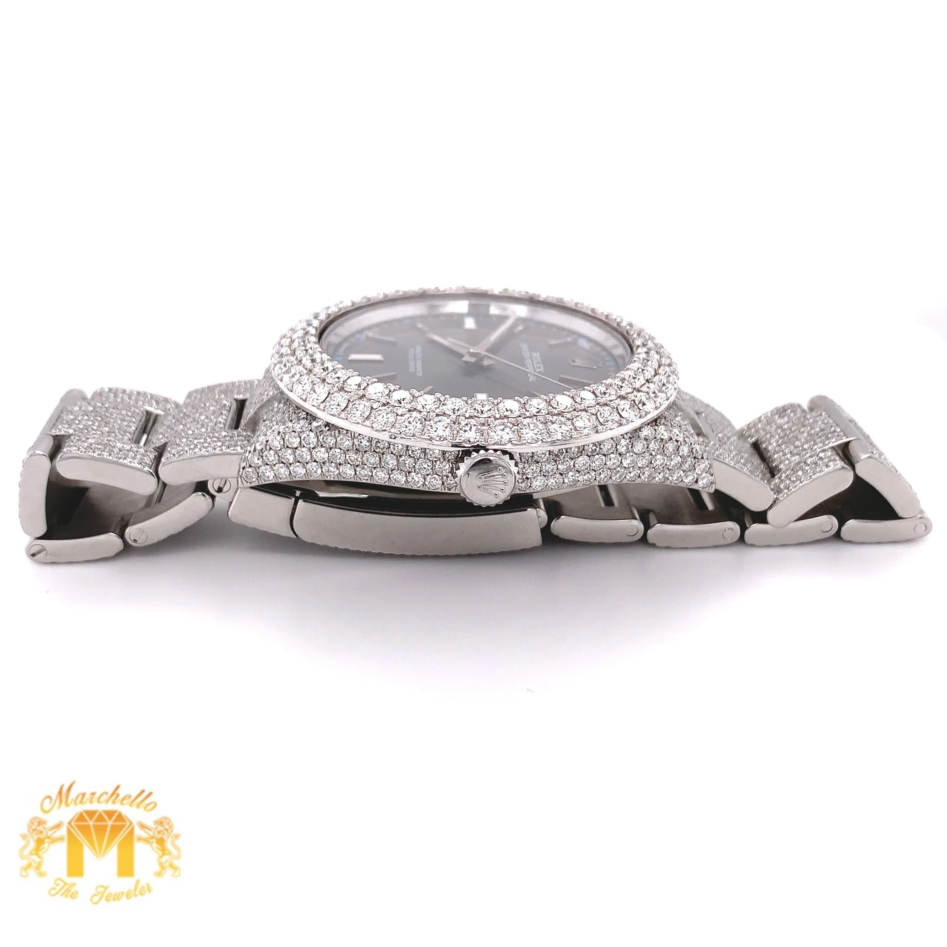Iced Out Rolex Oyster Perpetual Diamond Watch with Stainless Steel Oyster Bracelet (39 mm, gray dial)
