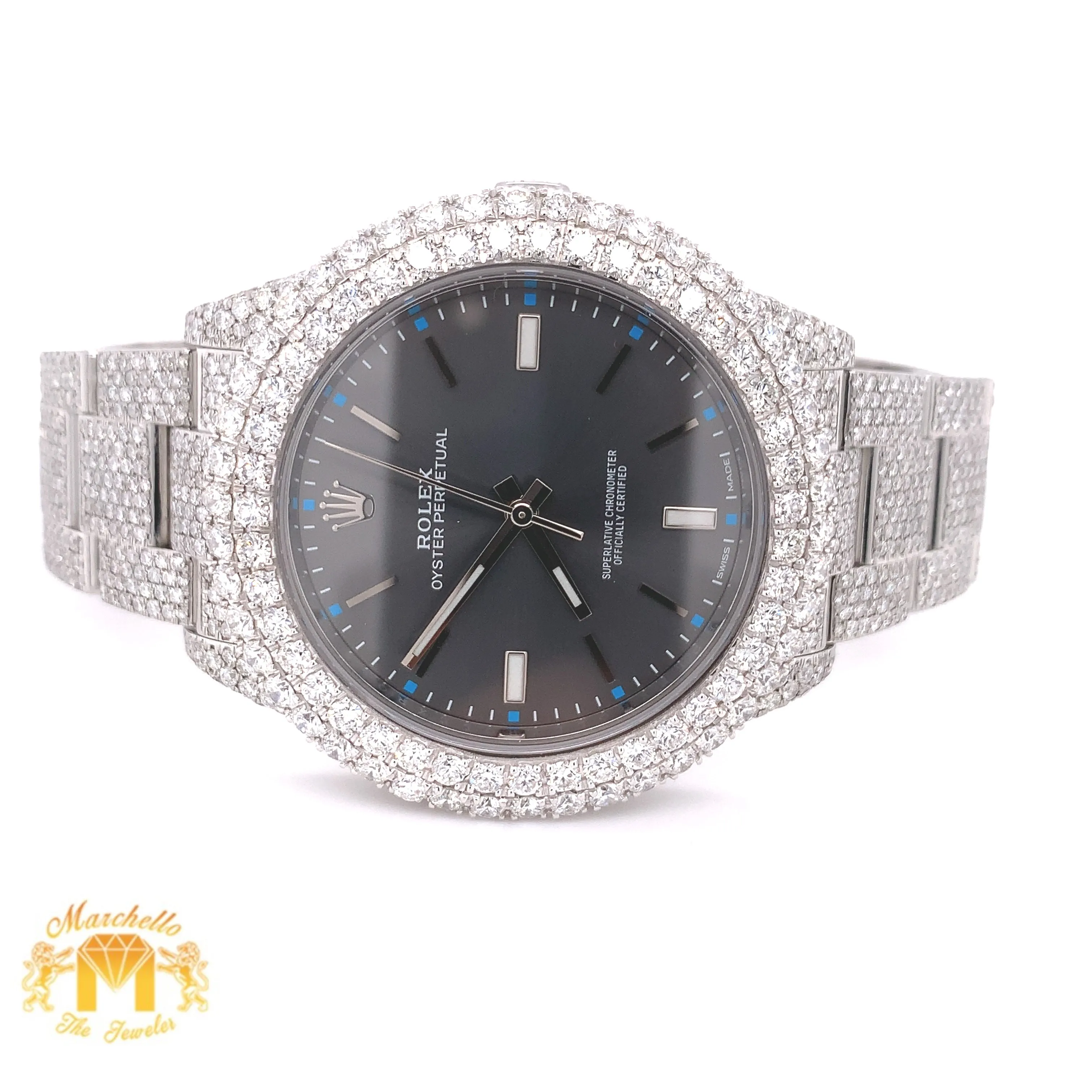 Iced Out Rolex Oyster Perpetual Diamond Watch with Stainless Steel Oyster Bracelet (39 mm, gray dial)