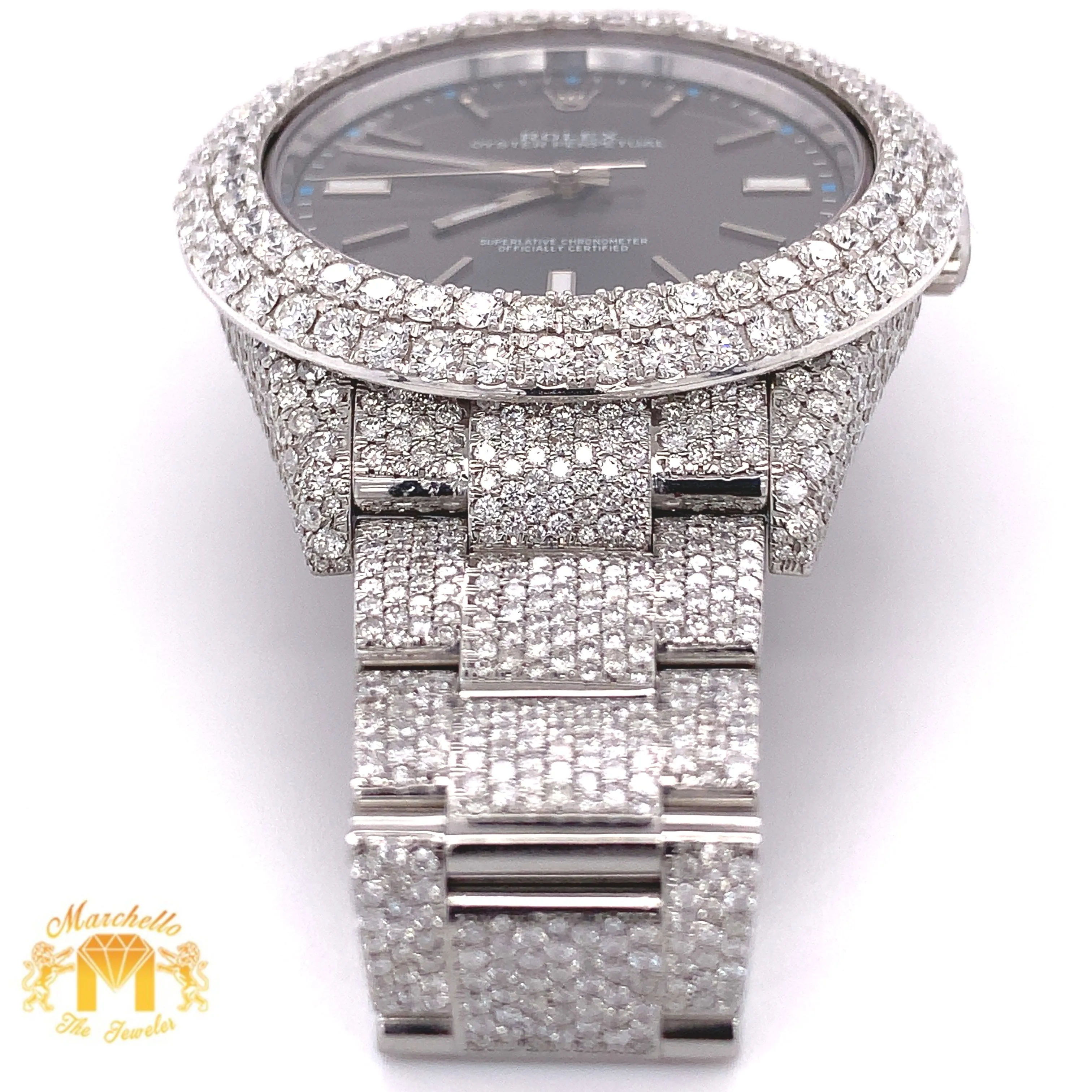 Iced Out Rolex Oyster Perpetual Diamond Watch with Stainless Steel Oyster Bracelet (39 mm, gray dial)
