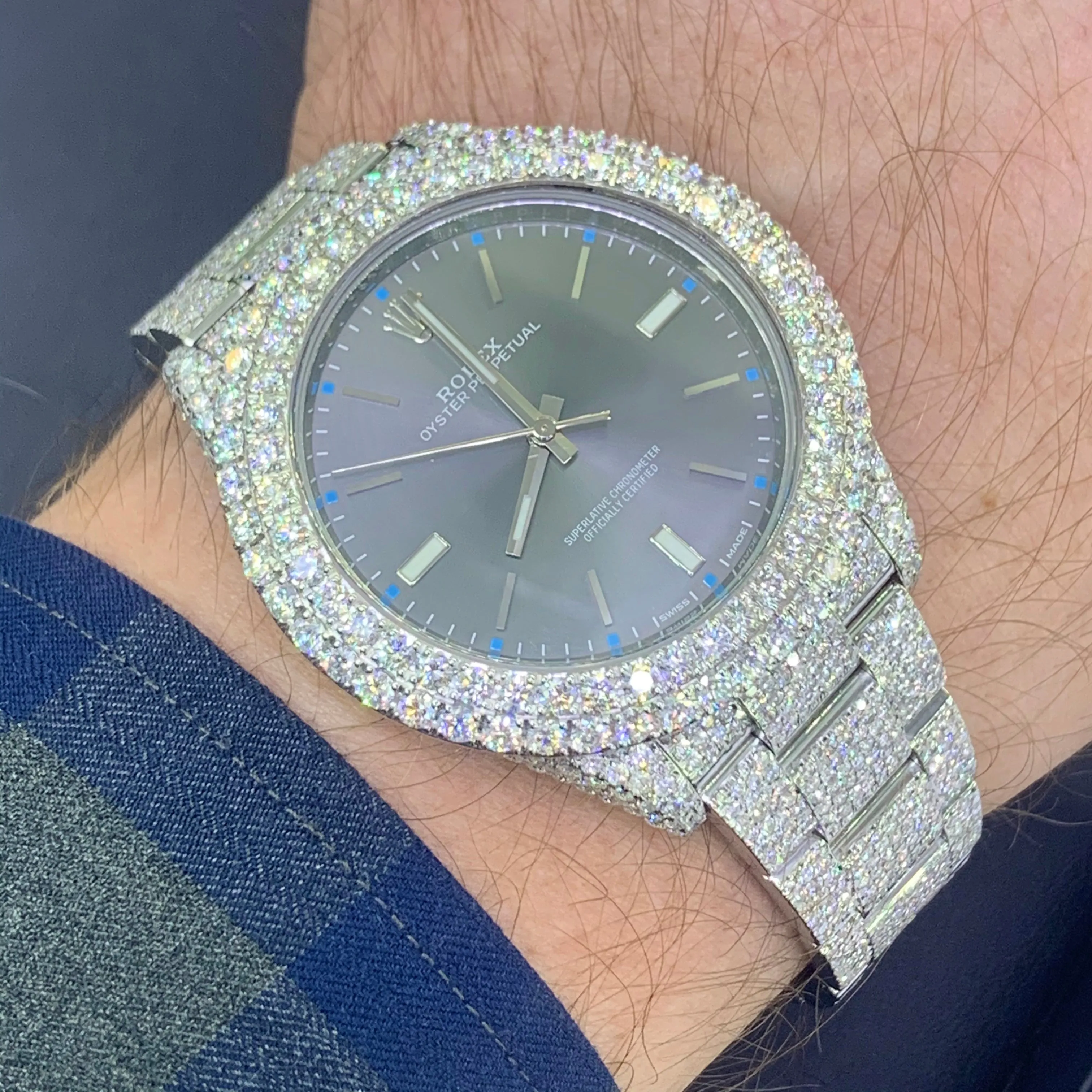 Iced Out Rolex Oyster Perpetual Diamond Watch with Stainless Steel Oyster Bracelet (39 mm, gray dial)