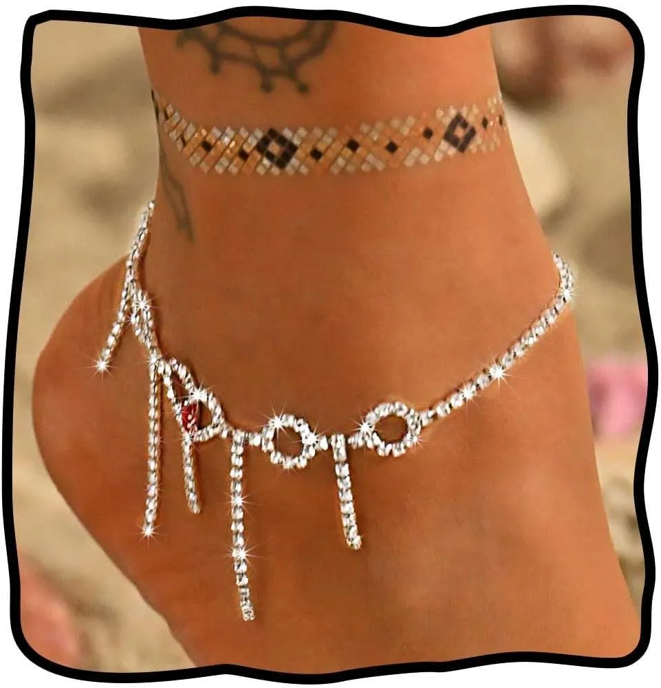 JEWEKY Boho Rhinestone Ankle Bracelets Jewelry Silver Sparkly Crystal Heart Anklets Summer Beach Foot Chain for Women