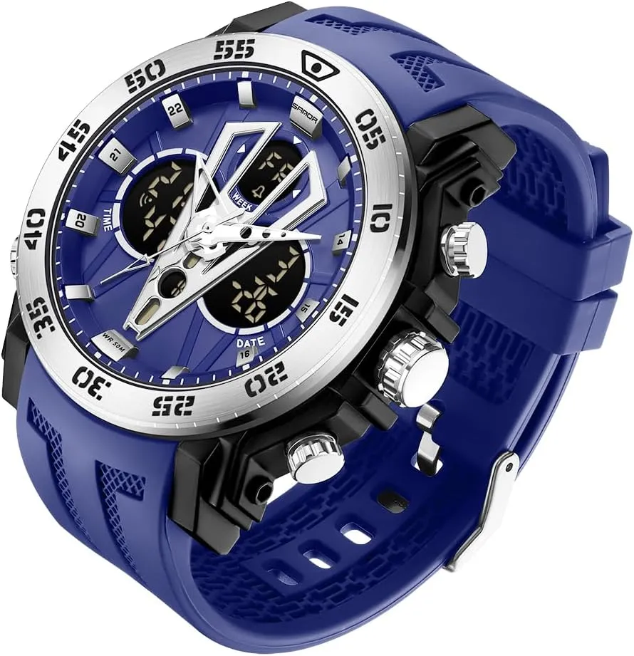 KXAITO Men's Stainless Steel case Sports Watch Military Watch Outdoor LED Stopwatch Digital Electronic Large Dual Display Waterproof Tactical Army Wrist Watches for Men