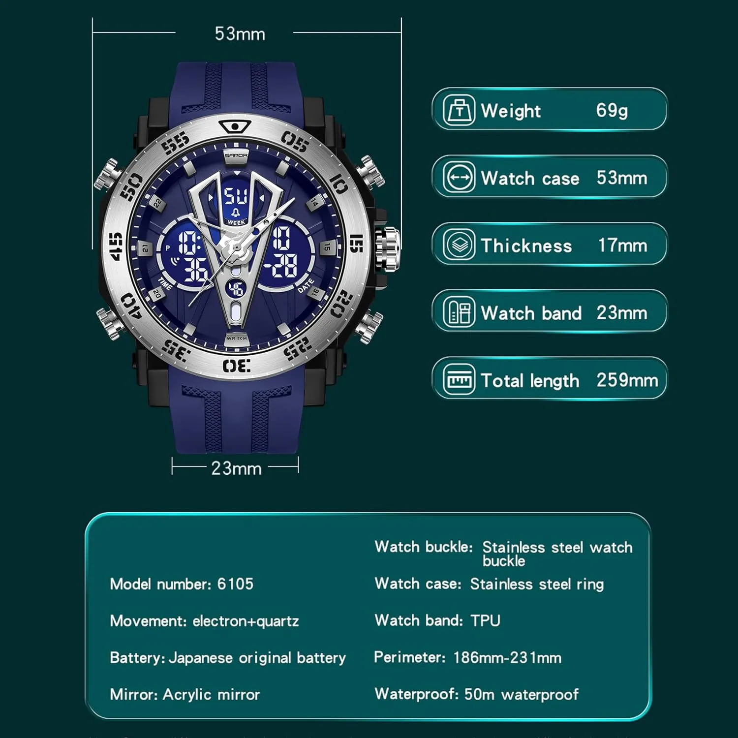 KXAITO Men's Stainless Steel case Sports Watch Military Watch Outdoor LED Stopwatch Digital Electronic Large Dual Display Waterproof Tactical Army Wrist Watches for Men
