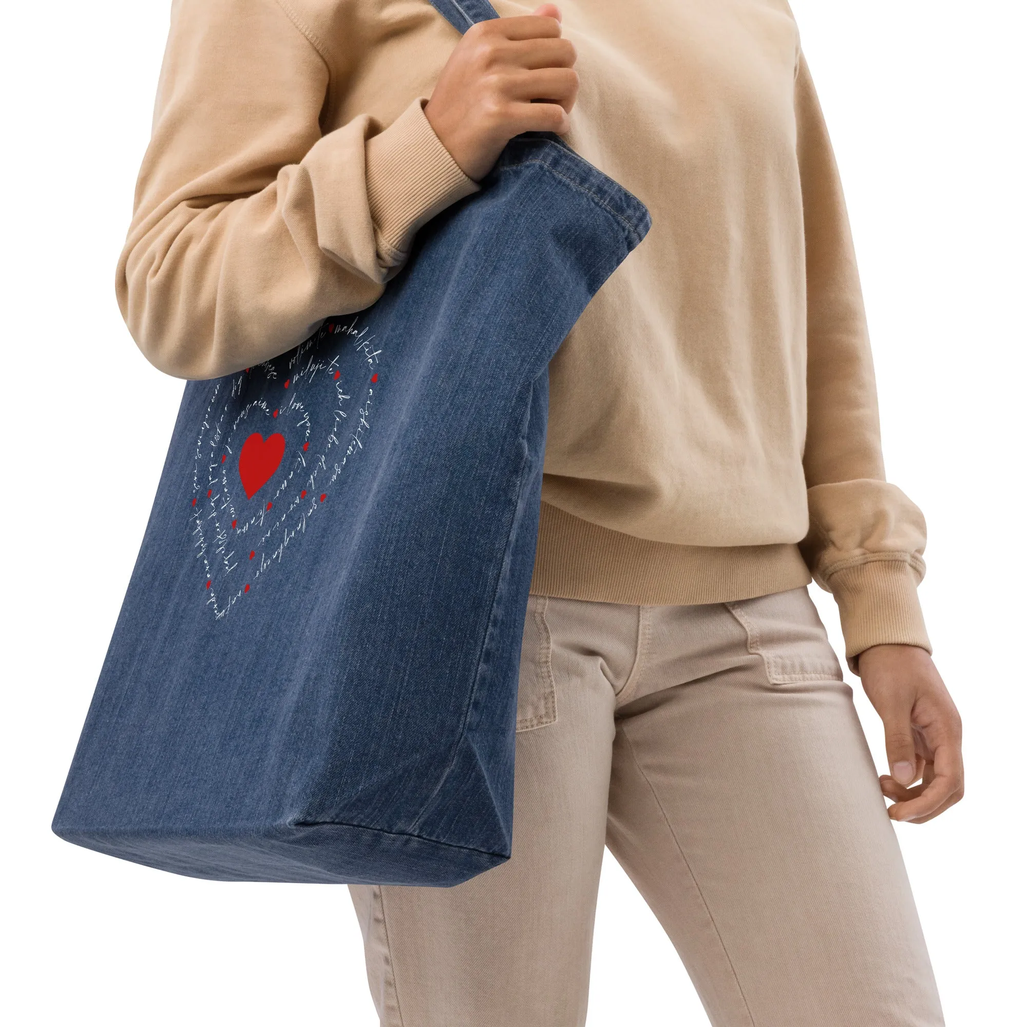 Love in Many Languages organic denim tote bag