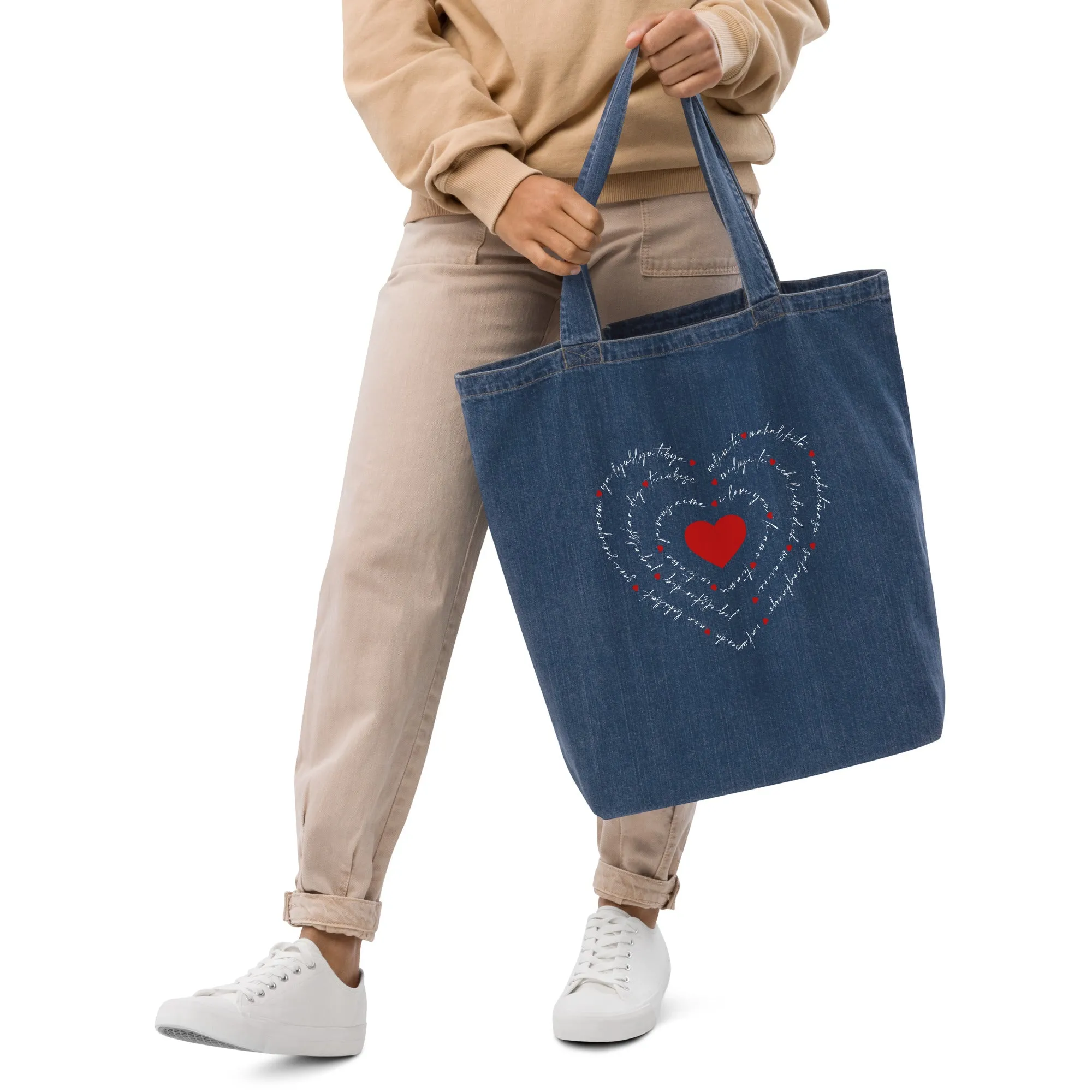 Love in Many Languages organic denim tote bag