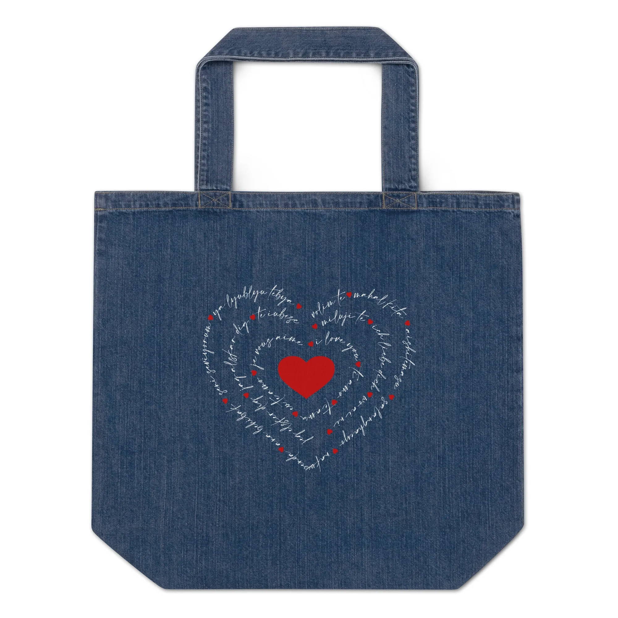 Love in Many Languages organic denim tote bag