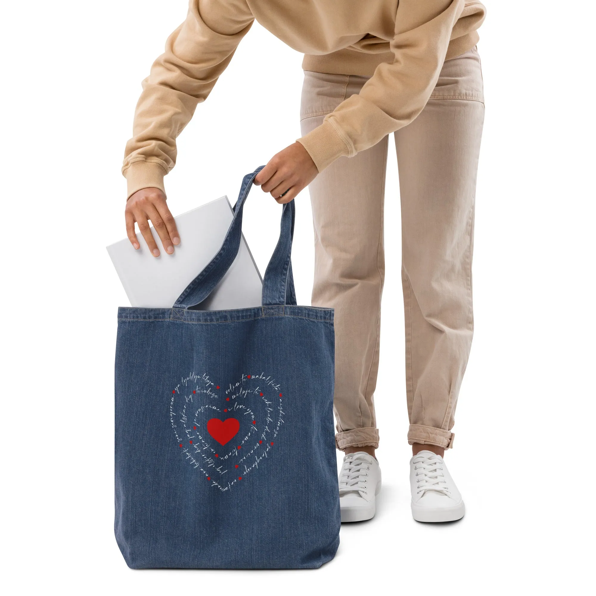 Love in Many Languages organic denim tote bag