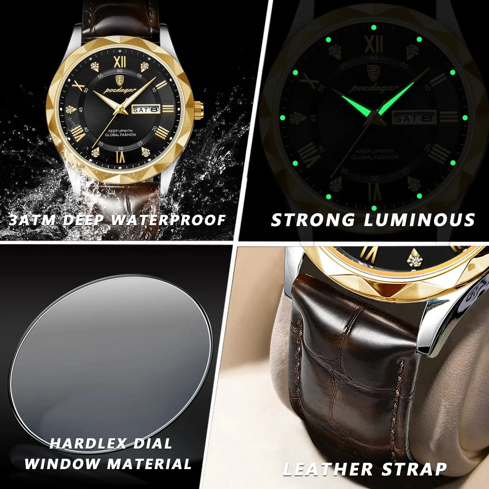 Luxury Businessman's Wristwatch: Waterproof, Luminous, Date and Week Display, Quartz Clock, Leather Men's Watch