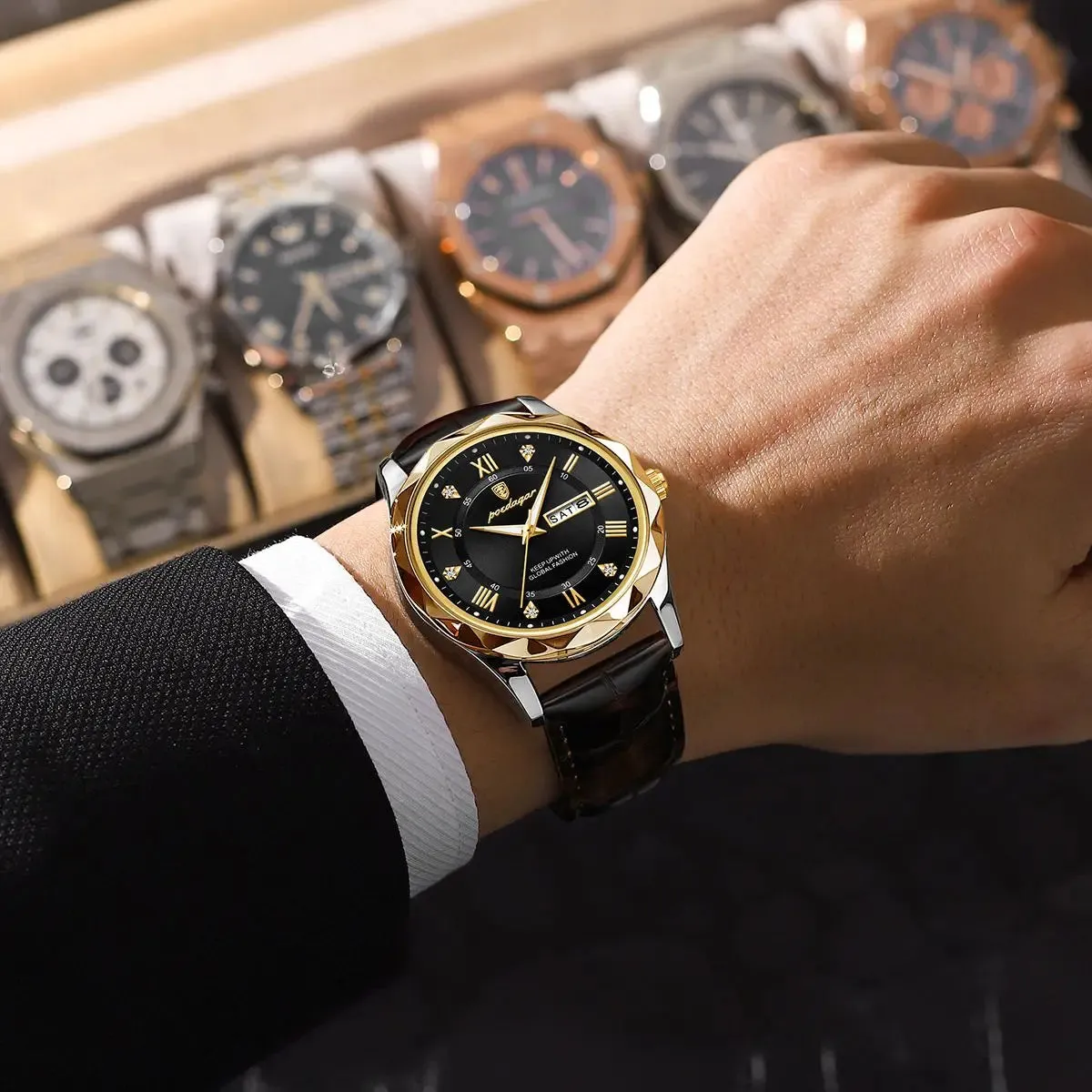 Luxury Businessman's Wristwatch: Waterproof, Luminous, Date and Week Display, Quartz Clock, Leather Men's Watch