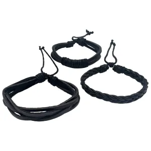 Men's Adjustable Trio of Black Multistrand Leather Bracelets