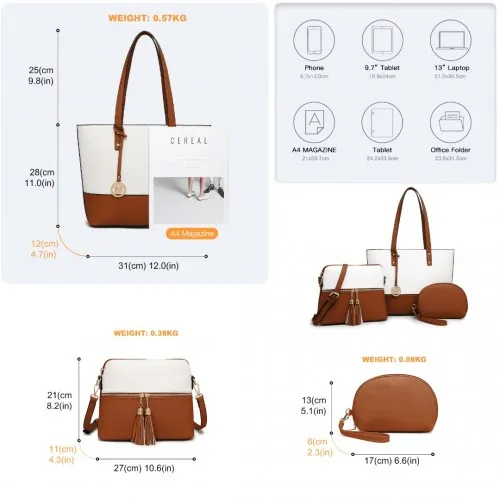 Miss Lulu 3 Piece Leather Look Tote Bag Set - Beige and Brown | Elegant & Versatile