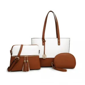 Miss Lulu 3 Piece Leather Look Tote Bag Set - Beige and Brown | Elegant & Versatile