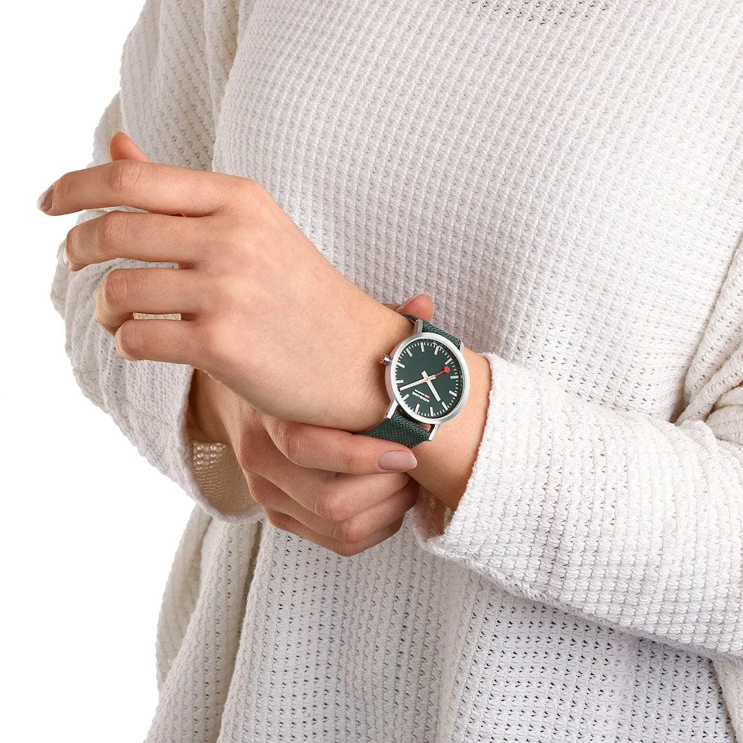 MONDAINE CLASSIC PETITE SILVER-CASE WATCH WITH FOREST GREEN SUSTAINABLE-STRAP A660.30314.60SBF  36MM
