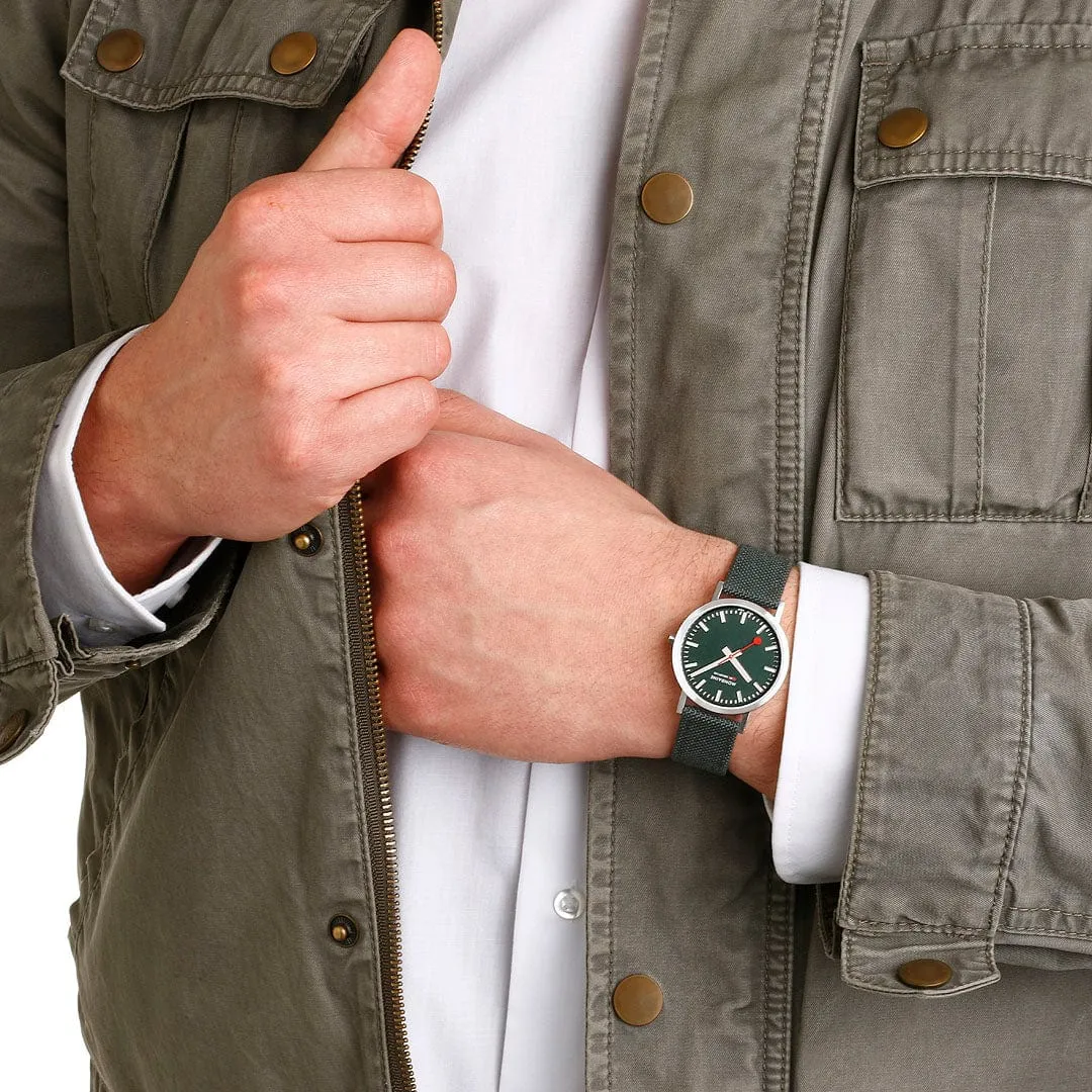 MONDAINE CLASSIC PETITE SILVER-CASE WATCH WITH FOREST GREEN SUSTAINABLE-STRAP A660.30314.60SBF  36MM