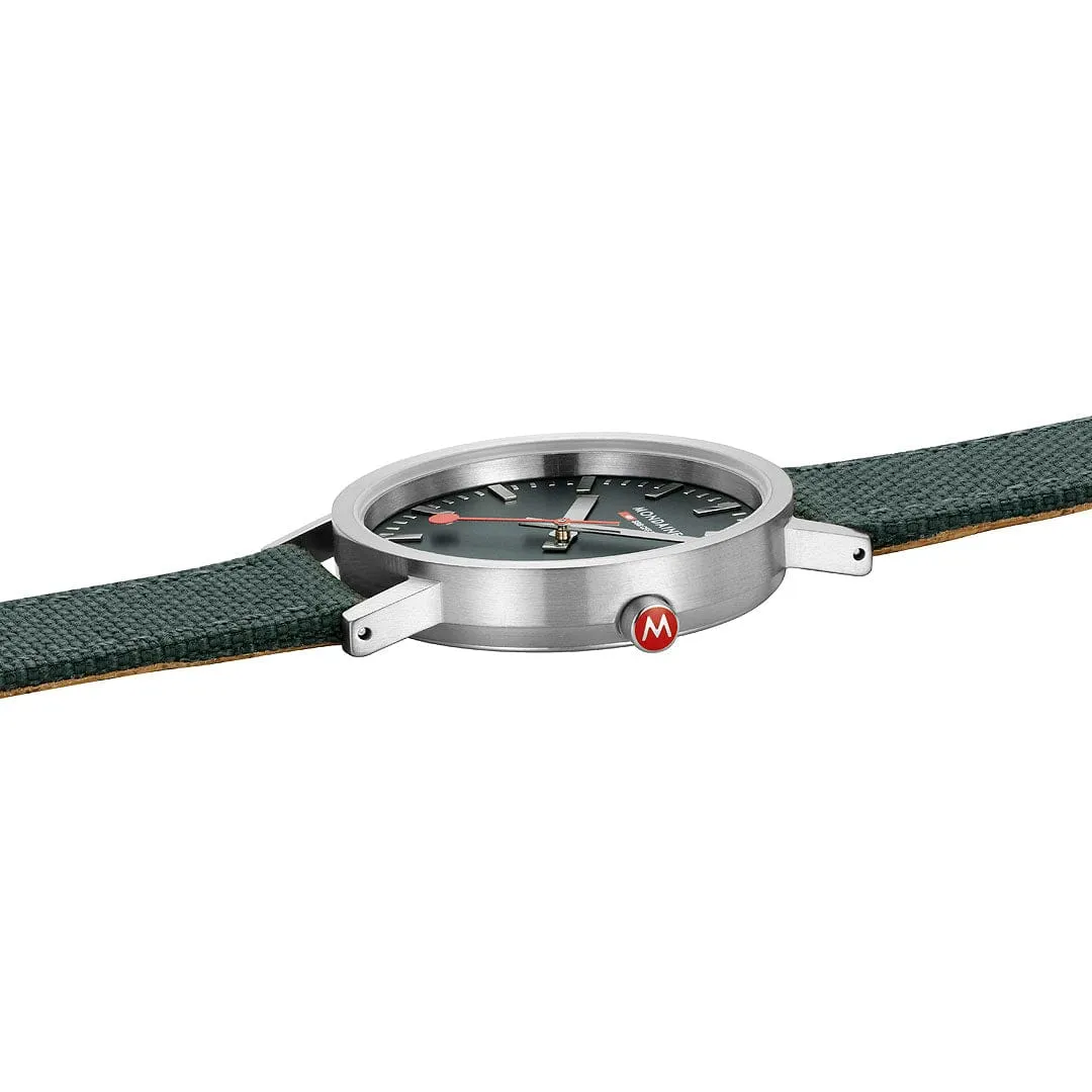 MONDAINE CLASSIC PETITE SILVER-CASE WATCH WITH FOREST GREEN SUSTAINABLE-STRAP A660.30314.60SBF  36MM