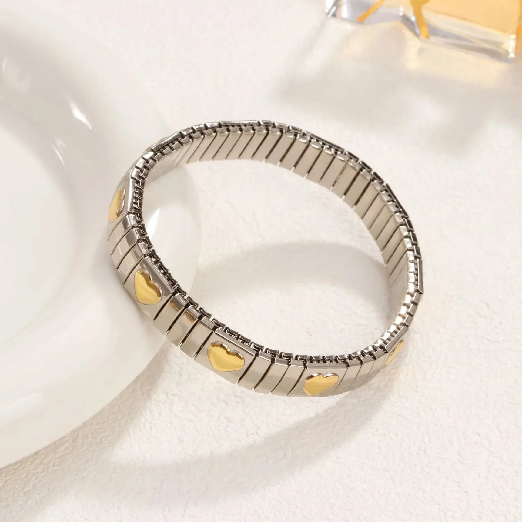 PRISCA | Titanium Steel Elastic Bracelet for Women.Heart Shape.1Pcs.Gold Plated Punk Jewelry.Hip Hop. New Design