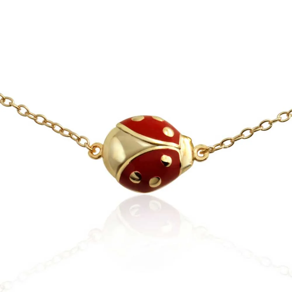 Red Ladybug Charm Anklet Ankle Bracelet 14K Gold Plated Sterling Silver