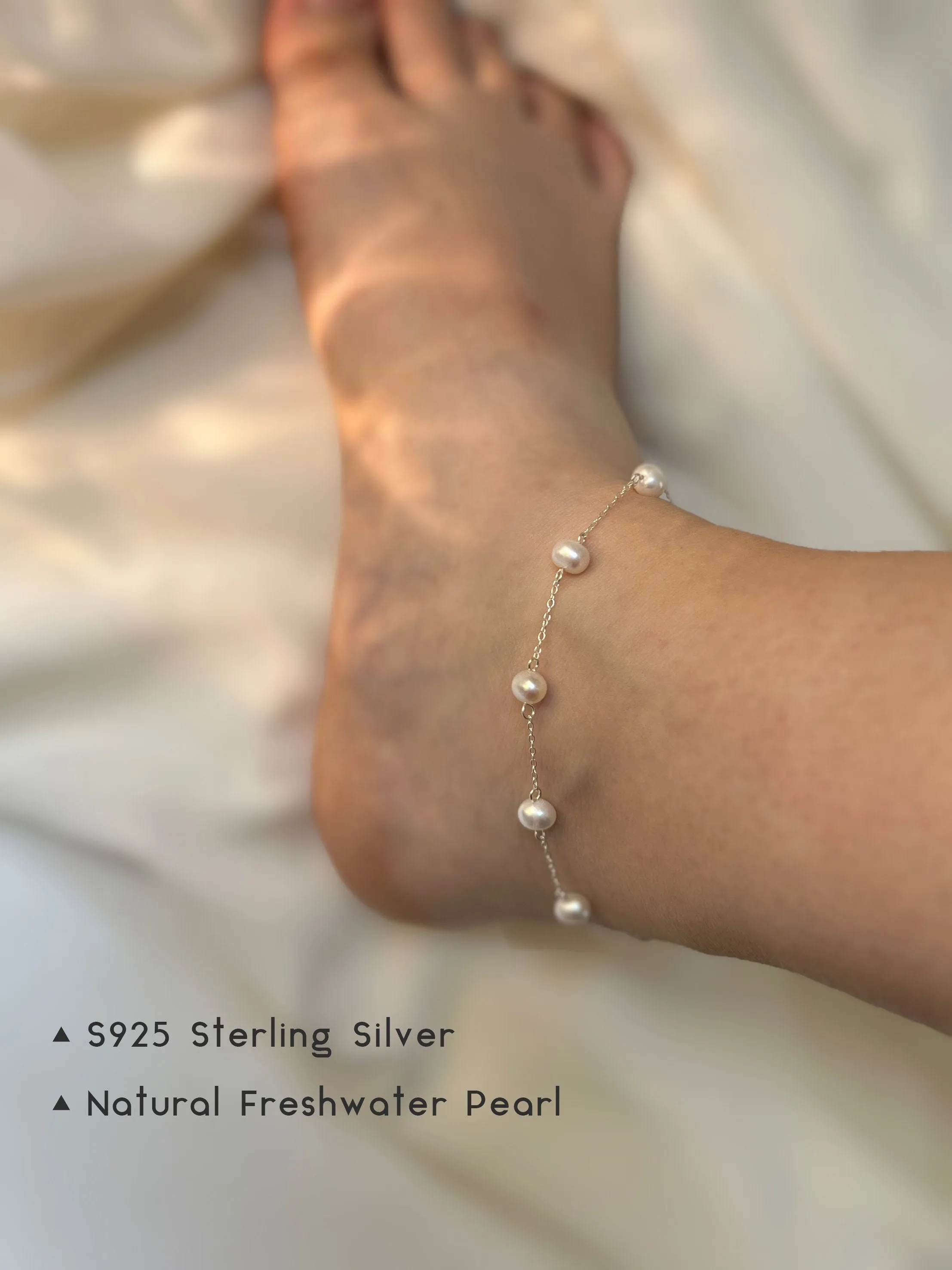 S925 Freshwater Pearl Anklet, Silver Dainty Anklet