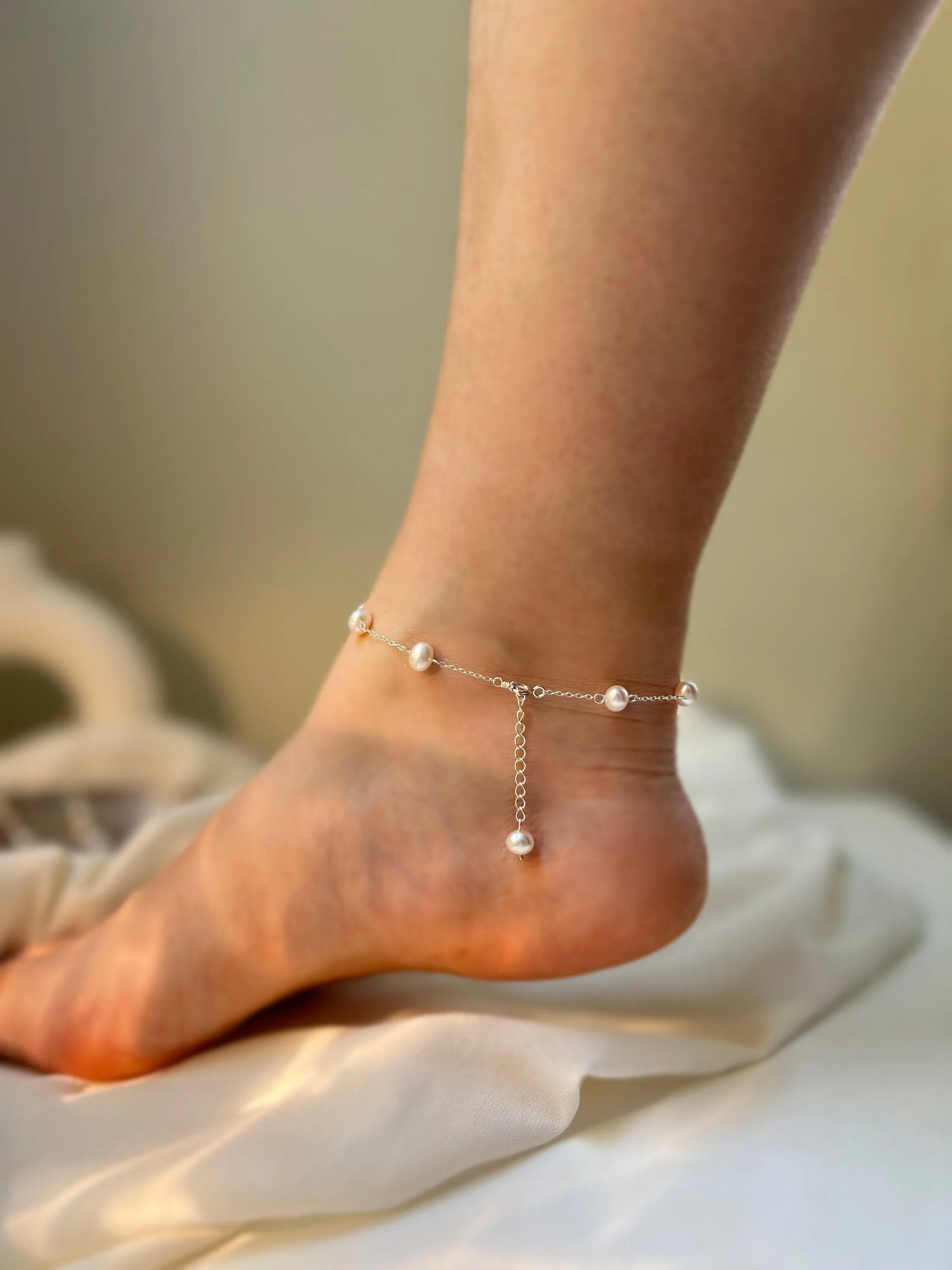 S925 Freshwater Pearl Anklet, Silver Dainty Anklet