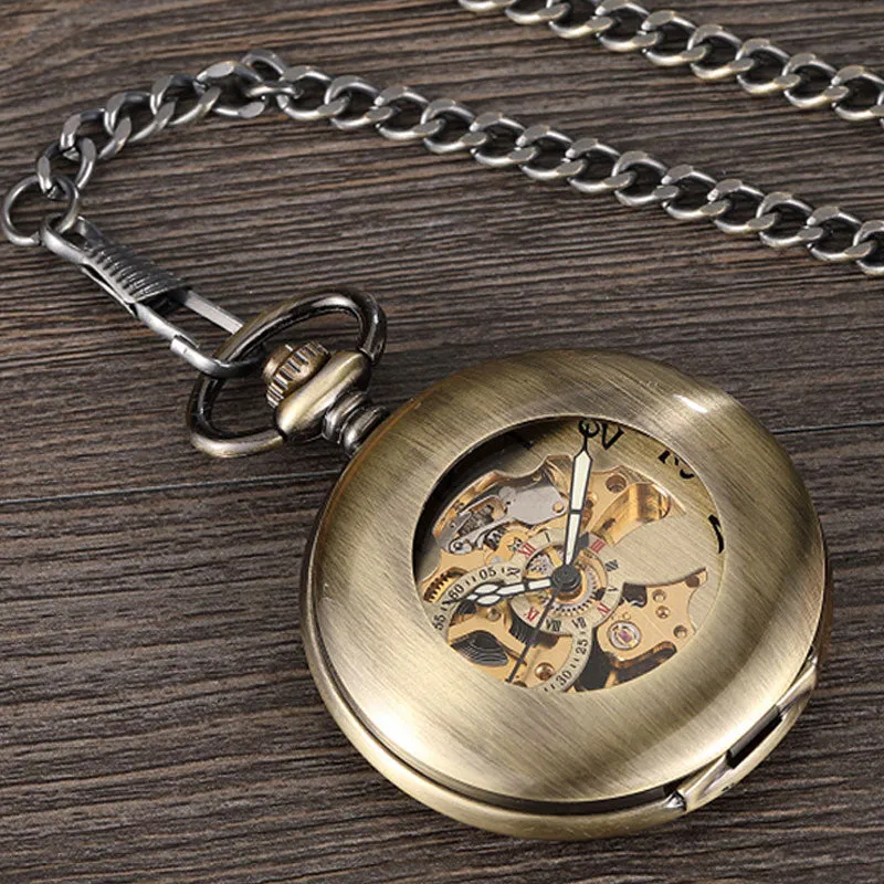 Unisex Vintage Skeleton Hand Wind Mechanical Pocket Pendant Chain Watch