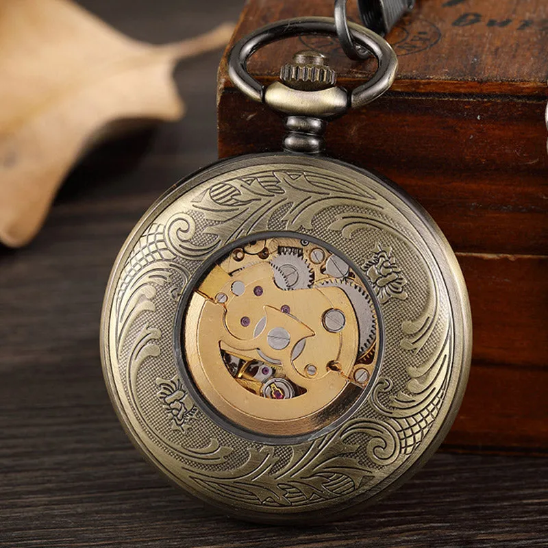 Unisex Vintage Skeleton Hand Wind Mechanical Pocket Pendant Chain Watch