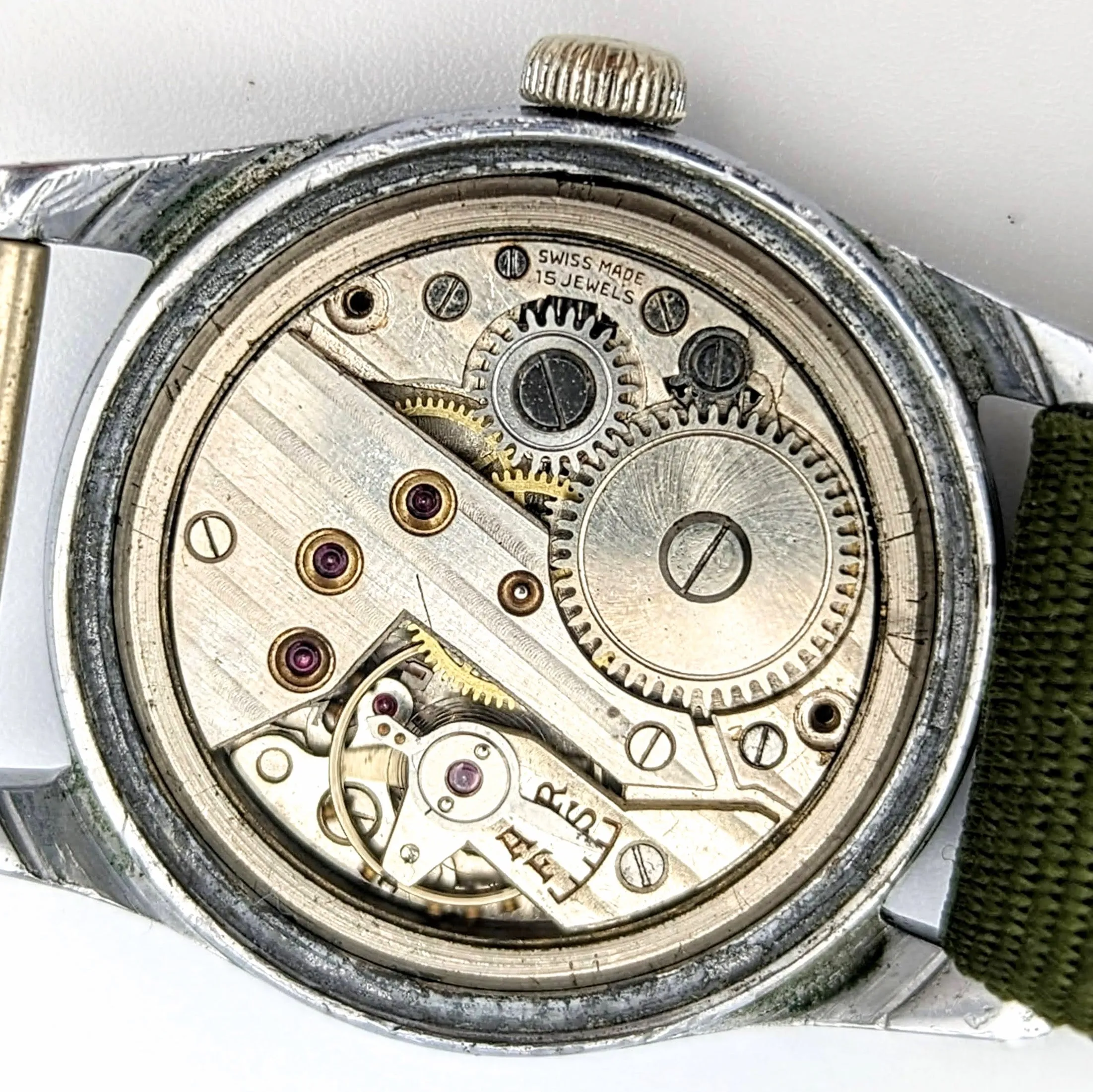 Vintage OLMA Wristwatch 1940s Military-Style Waterproof 24-hour Dial 15J Watch