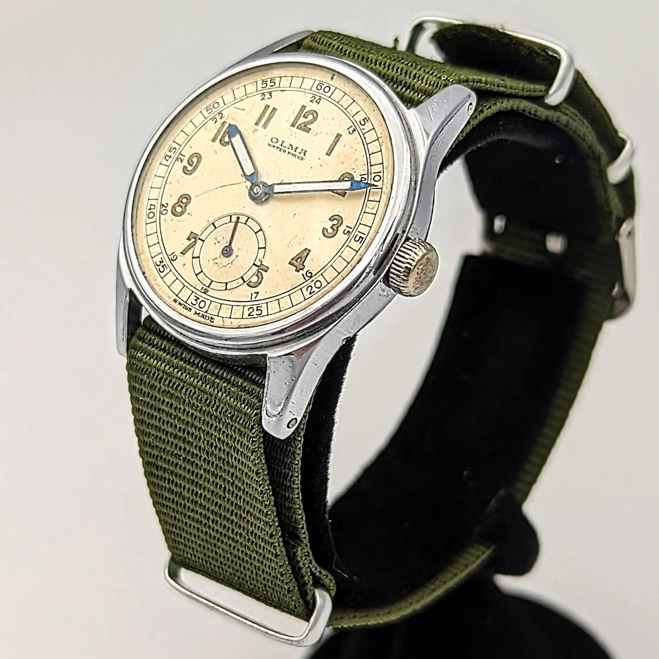 Vintage OLMA Wristwatch 1940s Military-Style Waterproof 24-hour Dial 15J Watch