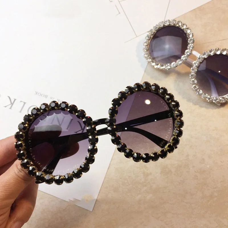 Women's Shiny Rhinestone Diamond Designer Round Shape Sunglasses