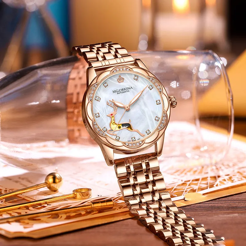 Women's Stainless Steel Crystal Diamond Luminous Hands WristWatch