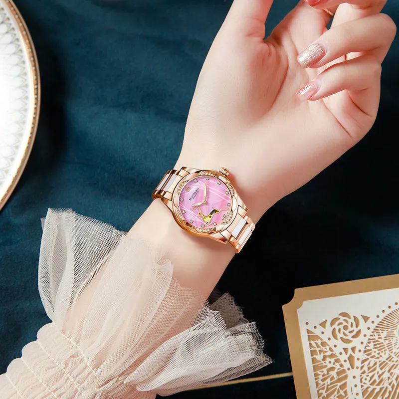 Women's Stainless Steel Crystal Diamond Luminous Hands WristWatch